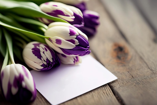 Lente tulp bloemen papieren kaart op houten tafel van bovenaf Generatieve AI