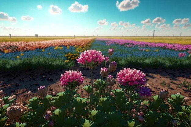 Lente veld vol mooie bloemen terwijl zonnige dag met een prachtige blauwe hemel op de achtergrond