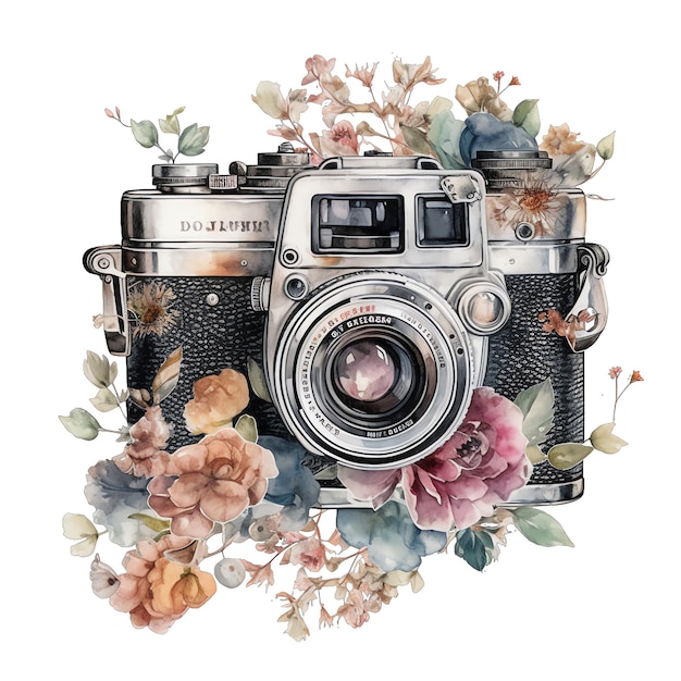 Lente vintage bloemen camera aquarel illustratie lente clipart