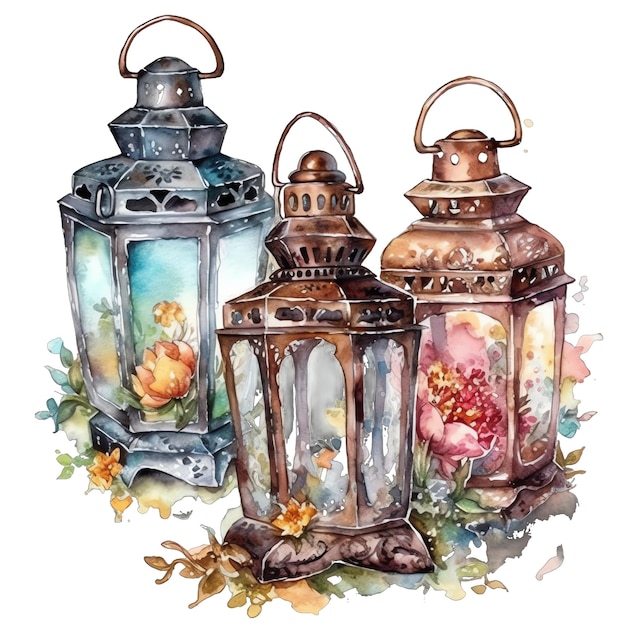 Lente vintage bloemen lantaarn aquarel illustratie lente clipart
