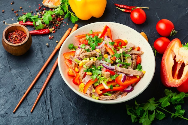 Lente vleessalade met rundvlees, peper, tomaat en maïs. Aziatische salade.