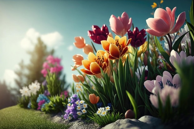 Lente zonnige weide met bloemen Illustratie Generatieve AI