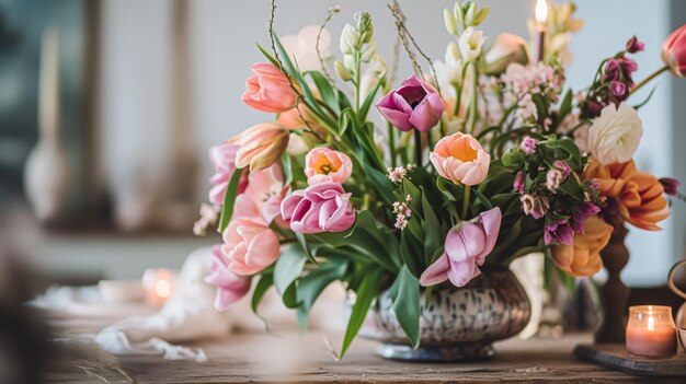 Lentebloemen in een vintage vaas prachtige bloemenarrangement huisdecoratie bruiloft en bloemistenontwerp