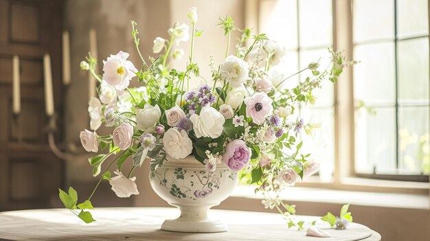 Lentebloemen in een vintage vaas prachtige bloemenarrangement huisdecoratie bruiloft en bloemistenontwerp