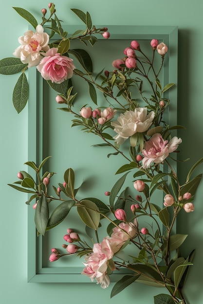 Lentebloemen kersenbloesem op blauwe houten achtergrond bovenkant kopieerruimte