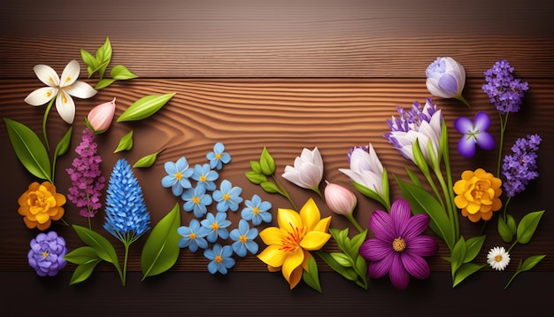 Lentebloemen op houten achtergrond met kopie ruimte voor tekst lente thema