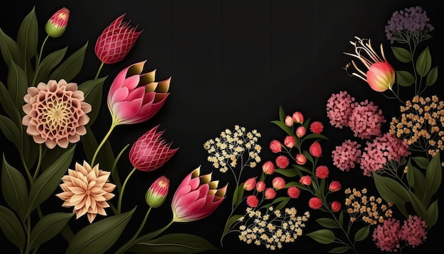 Lentebloemen op zwarte achtergrond met kopie ruimte voor tekst lente thema