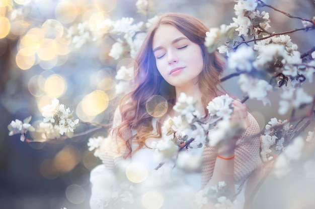 lenteportret van een volwassen gelukkige vrouw in een bloeiende tuin, zonnestralen en schittering, april bloemenmeisje