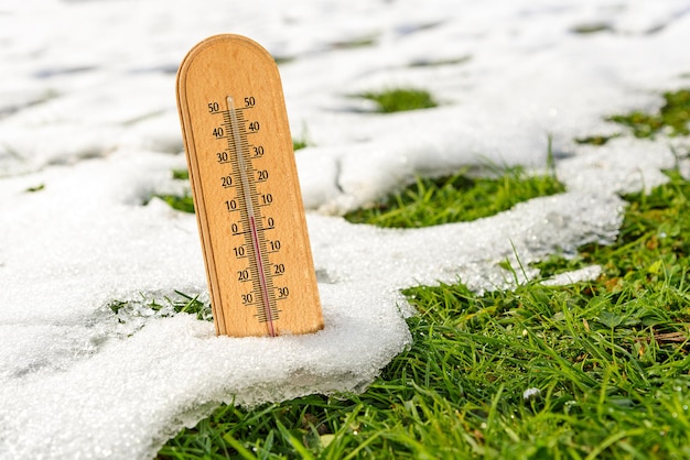 Lentetijd concept kwik houten thermometer in smeltende sneeuw en groeiend groen gras op een zonnige dag