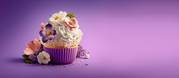 Lentevakantie cupcakes met bloemen en hagelslag op een paarse achtergrond Generatieve AI Een plek voor