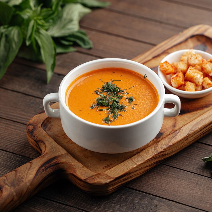 Photo lentil cream soup with dill and croutons