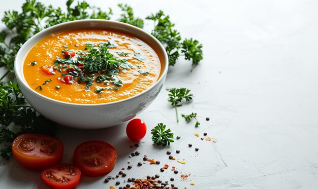 Суп из чечевицы в миске со свежими ингредиентами