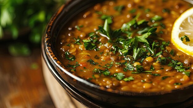 Photo lentil soup garnished with fresh parsley and a squeeze of lemon restaurant serving closeup food aesthetics difficult to prepare culinary excellence sophistication concept generative by ai