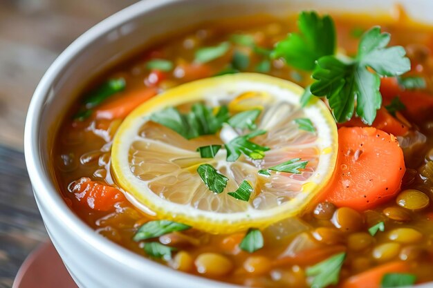 Lentil soup garnished with a slice of lemon and fresh herbs AI generated