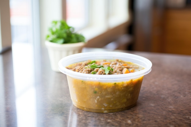 Lentil soup packed for takeout or delivery