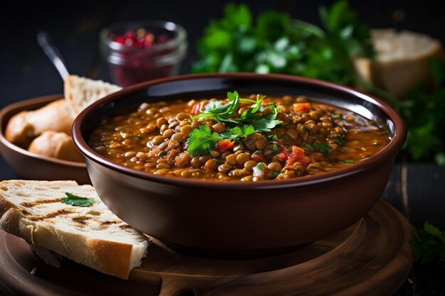 Photo lentil soup served in rustic wooden bowls with a sprig of fresh rosemary