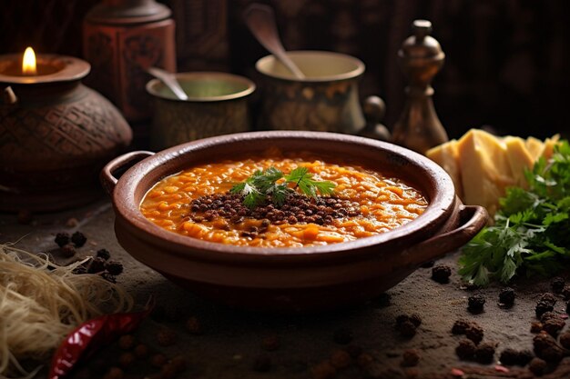 Foto zuppa di lenticchie servita in scodelle di legno rustiche con un ramoscello di rosmarino fresco