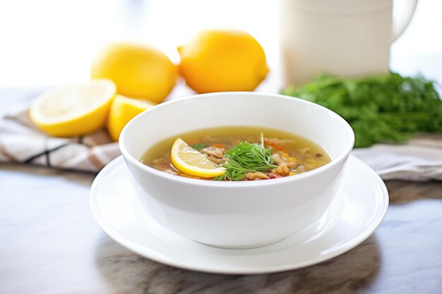 Lentil soup in white bowl with lemon wedge