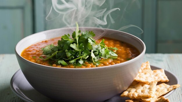 Lentil soup with chopped herbs and crackers