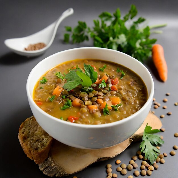 lentil soup with mixed ingredients and herbs in a white bowl