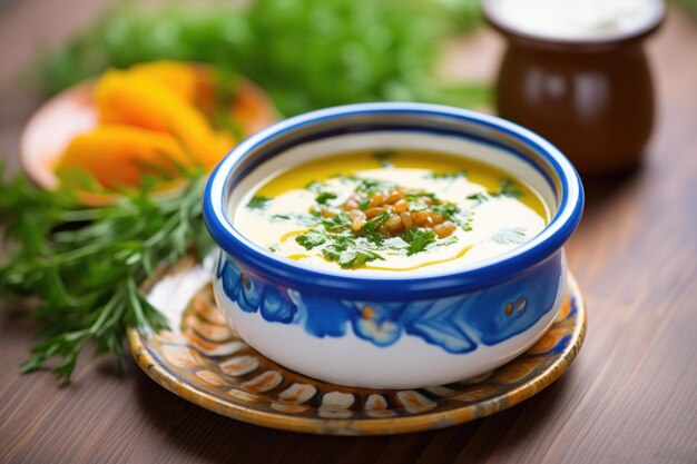 Lentil soup with swirl of cream and herbs