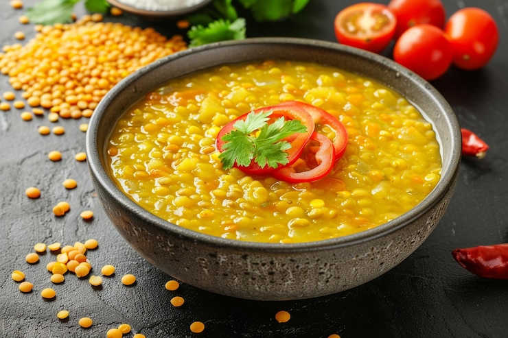 Photo lentil soup with vegetables in bowl on black background