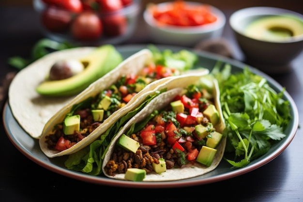 Lentil and walnut taco filling with avocado salsa