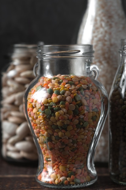 Lentils rice in glass jars healthy food