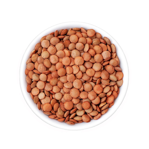 Lentils in white cup top view isolated on white background