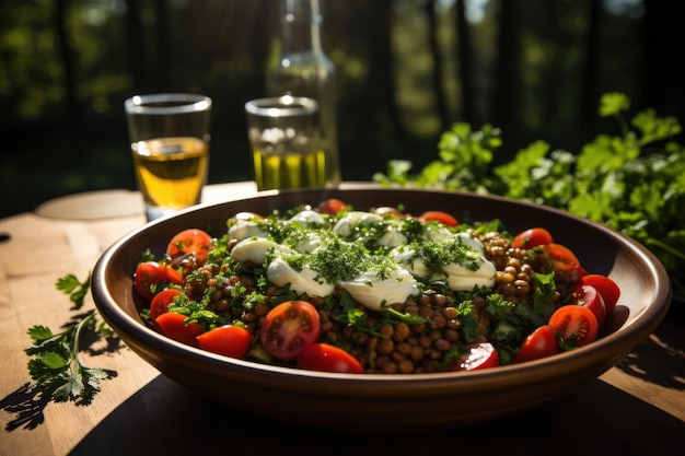 Lentilsalade met geitenkaas bij een picknick in een groen veld generatieve IA