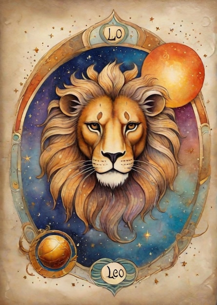 Leo lion twins zodiac astral card painted with purple blue orange tones