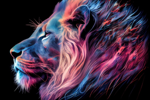 Голова Льва в неоновых тонах на черном фоне Генеративный ИИ Генеративный ИИ