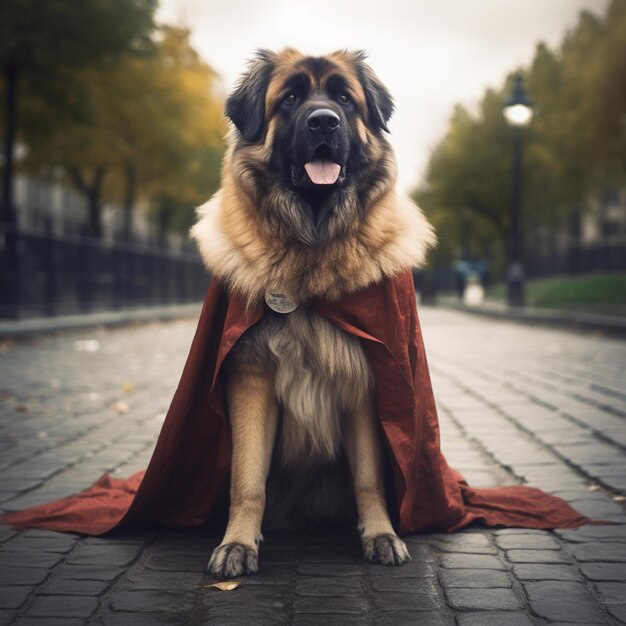 leonberger in superhero cape looking bold and adorable