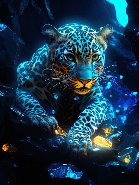a leopard in a blue and black tank with a blue background