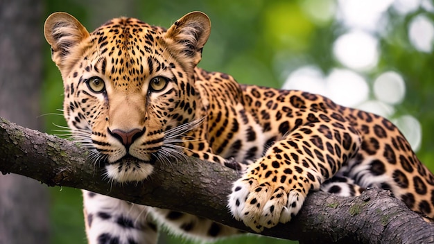 A leopard on a branch with a green background