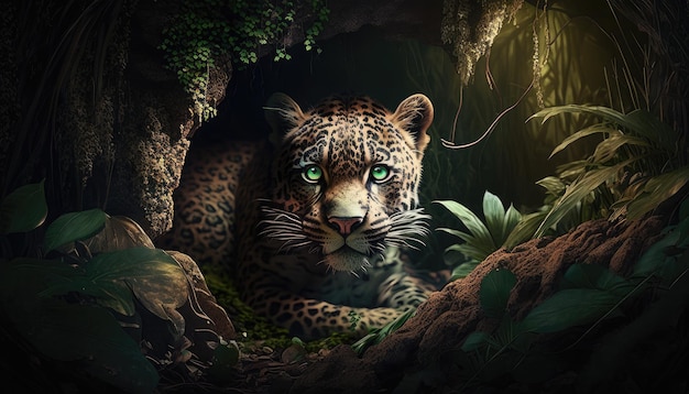 A leopard in a cave with green eyes