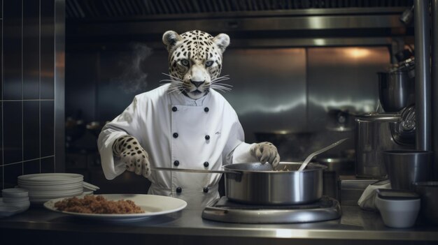 Leopard chef cooks preparing food in restaurant kitchen Animal chef