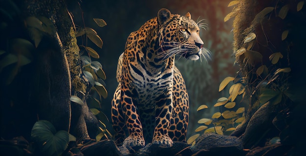 Леопард вблизи на темном фоне с размытым пространством копирования Generative ai