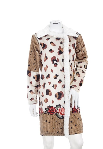 A leopard coat with a red flower on the front.