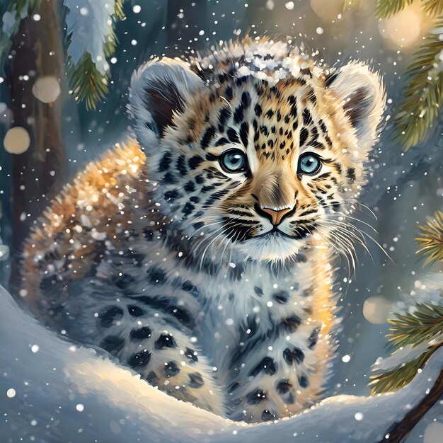 a leopard cub is sitting in the snow with a tree branch in the background