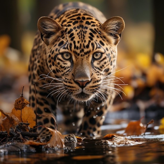 a leopard cub is walking through a puddle of leaves and leaves