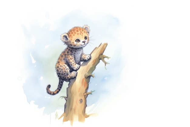 Младенец леопарда учится подниматься на ствол дерева