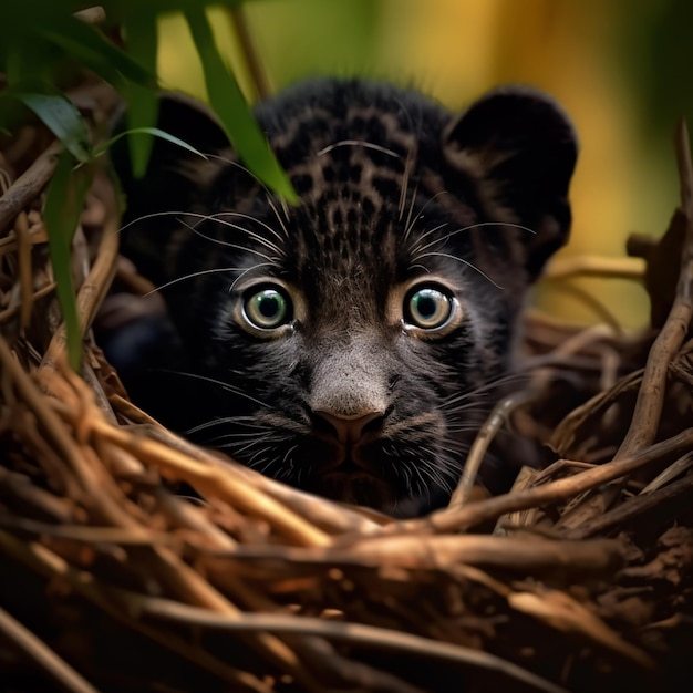 A leopard cub in a nest