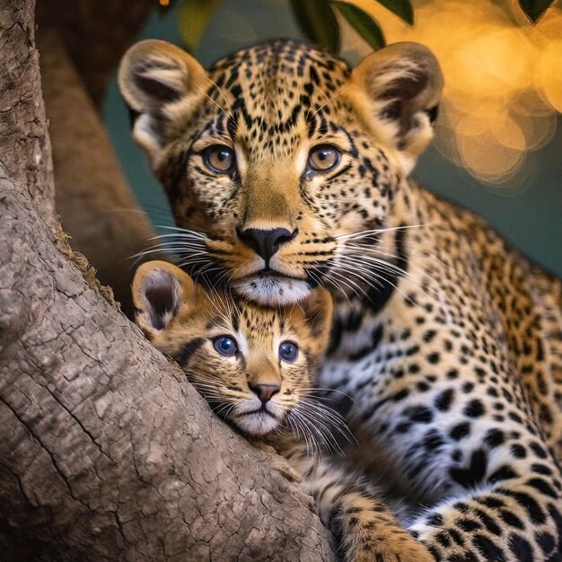 Foto un cucciolo di leopardo che gioca con sua madre nei rami di un baobab con la luce dorata del sole