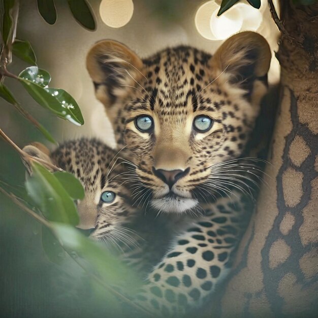 Foto un cucciolo di leopardo che gioca con sua madre nei rami di un baobab con la luce dorata del sole