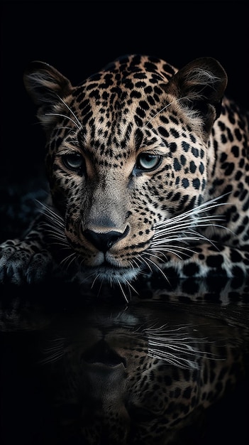 Leopard in the dark with a black background