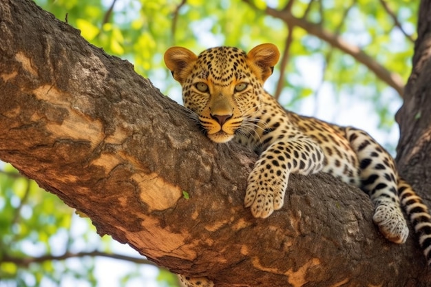 Leopard die op een tak van een boom op de loer ligt