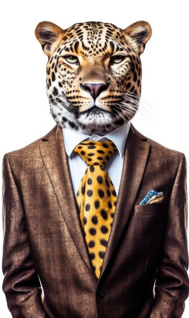 Леопард, одетый в костюм, как бизнесмен, изолированный от белого генеративного ИИ