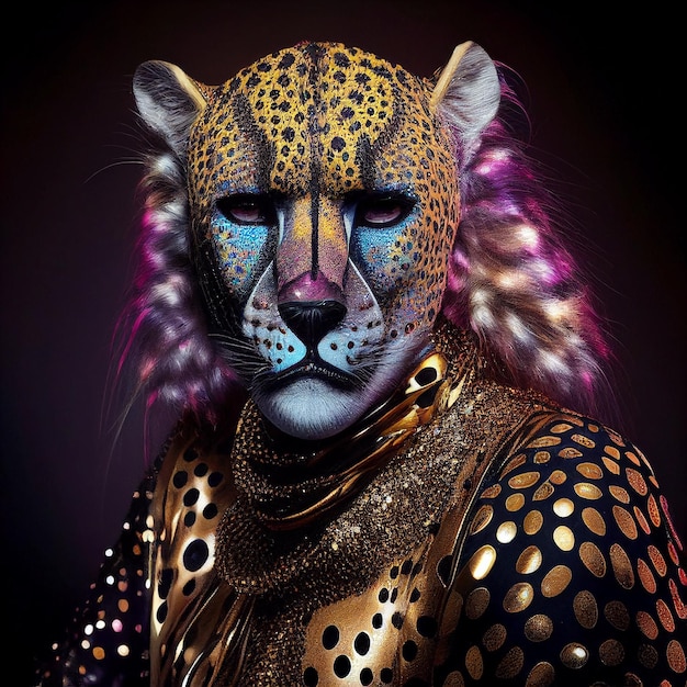 A leopard face with a blue and yellow face paint.