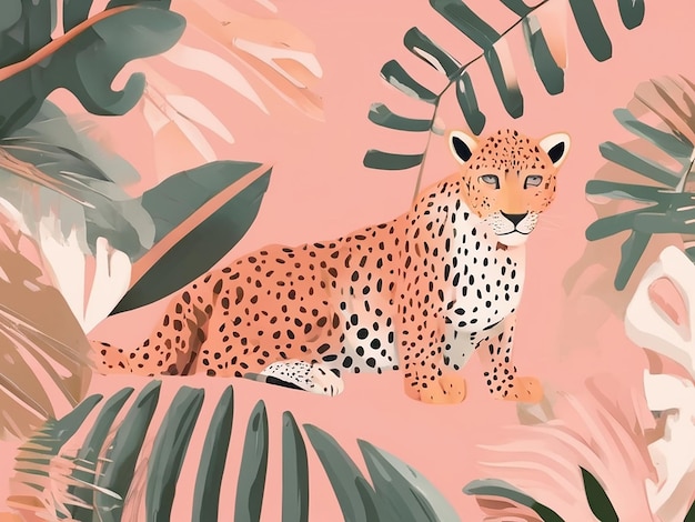 Photo leopard flat illustration in peach colors in palm leaves